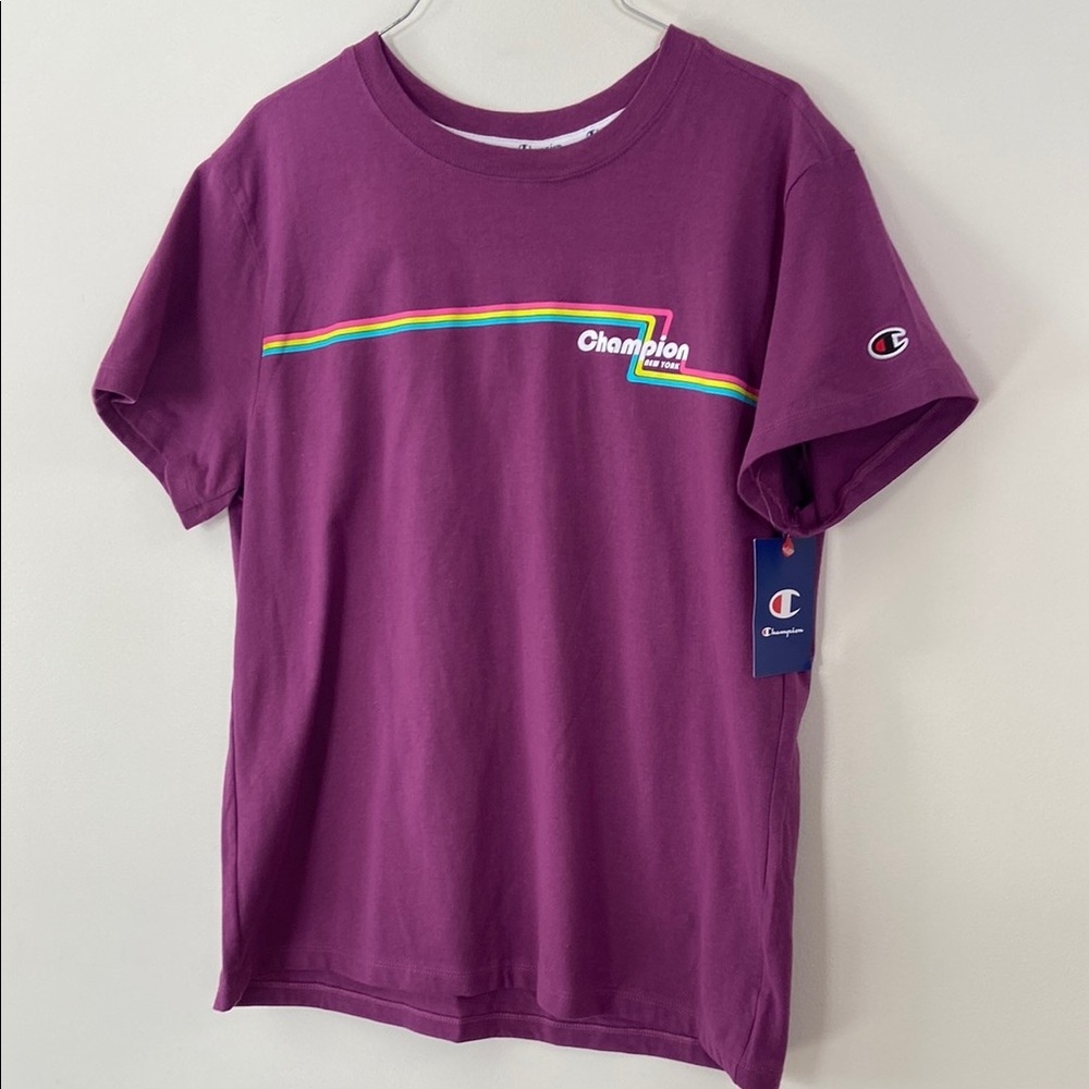 Champion Purple Short Sleeve Tee with Rainbow Graphic Size L
